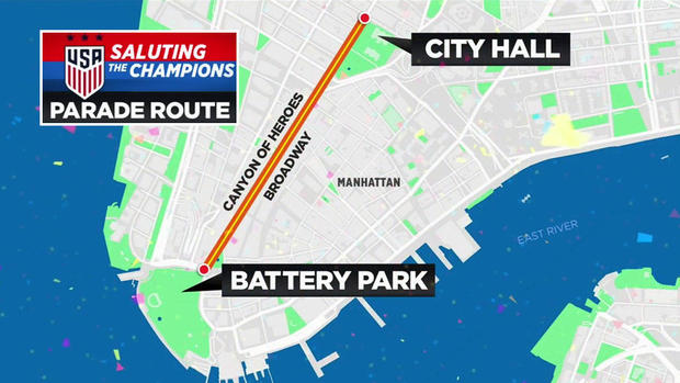 A map made by CBS station WCBS-TV shows the parade route for the World Cup-winning U.S. Women's National Team in New York City. 