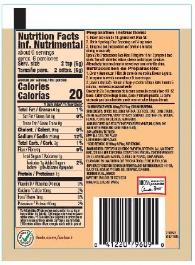 HEB Taco Seasoning Mix, Net Wt. 1.25 oz, back label 