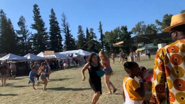 Social media video grab of people running away as an active shooter was reported at the Gilroy Garlic Festival, south of San Jose, California 