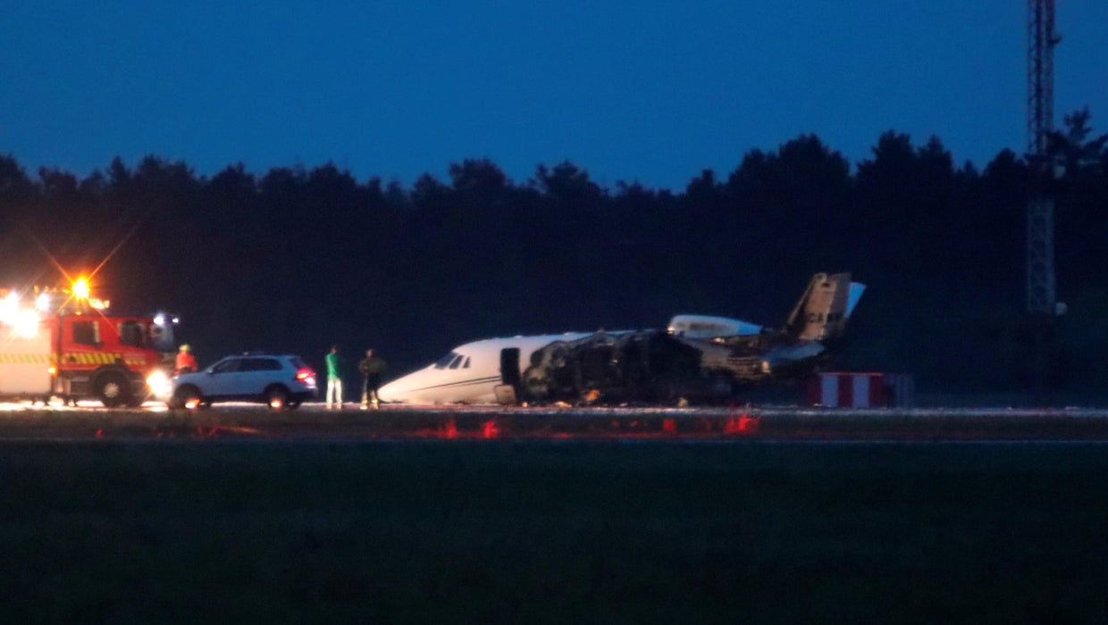 A private Cessna 560XL aircraft is seen after crashing while landing at Aarhus Airport in Tirstrup 