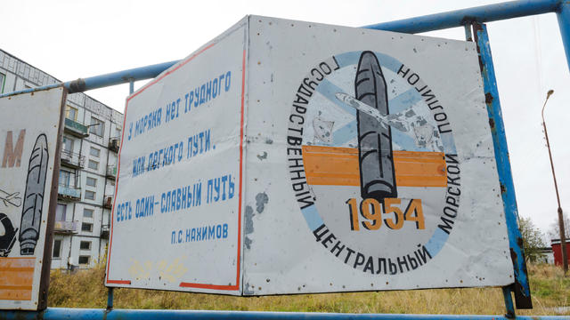 A view shows a board on a street of the military garrison located near the village of Nyonoksa in Arkhangelsk Region 