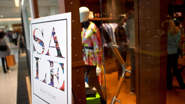 A sale sign is positioned outside the Robert Graham store of the King of Prussia Mall, United States' largest retail shopping space, in King of Prussia 