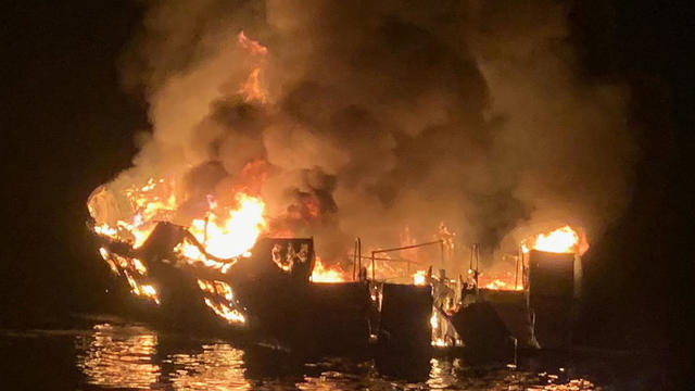 A diving vessel burns off the coast of Southern California on September 2, 2019. 