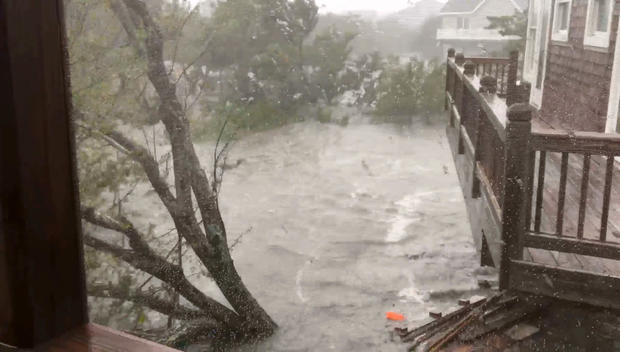 Severe flooding conditions can been seen on North Carolina's Ocracoke Island after Hurricane Dorian made landfall September 6, 2019, in this still image obtained by a social media video. 
