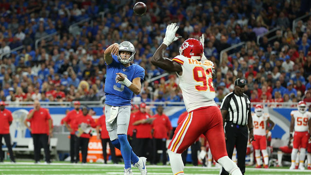 Kansas City Chiefs quarterback Patrick Mahomes (15) watches against the Detroit  Lions during an NFL football game in Detroit, Sunday, Sept. 29, 2019. (AP  Photo/Paul Sancya Stock Photo - Alamy