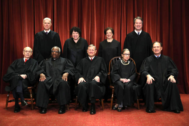 Front row from left to right, U.S. Supreme Court Associate Justice Stephen Breyer, Associate Justice Clarence Thomas, Chief Justice John Roberts, Associate Justice Ruth Bader Ginsburg, Associate Justice Samuel Alito Jr. Back row from left to right, Associ 
