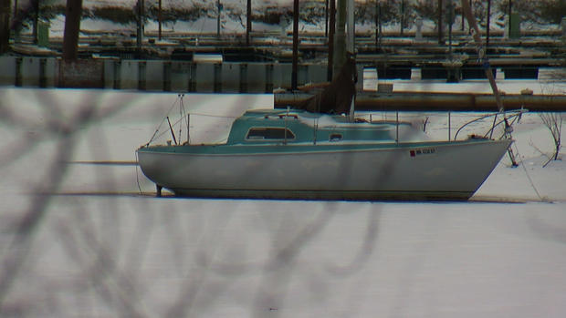 Sailboat Frozen In St Croix River In Stillwater 