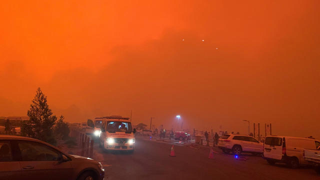 The sky glows red as bushfires continue to rage in Mallacoota, Victoria, Australia 