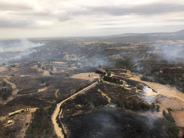 An aerial view shows the aftermath of bushfires in Bairnsdale 