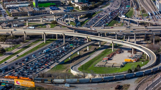 Dallas, Texas, View of Dallas Freeways and Traffic as seen from Reunion Tower Observation Deck
