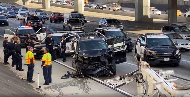 LAPD Pursuit Ends In Wreck On 110 Freeway In South LA 