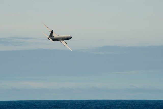 U.S. Navy P-8A Poseidon Flies by USS Preble