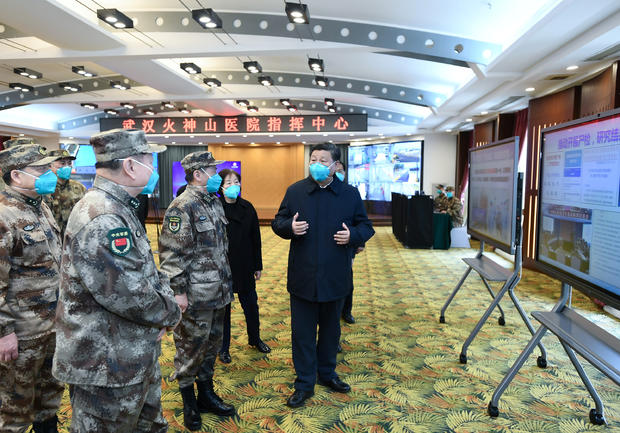 Chinese President Xi learns about the hospital's operations, treatment of patients, protection for medical workers and scientific research at the Huoshenshan Hospital in Wuhan 