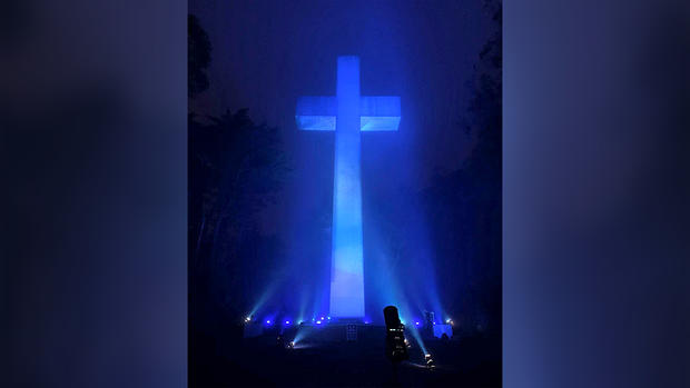 Blue Light Illuminates the Mount Davidson Cross in San Francisco 