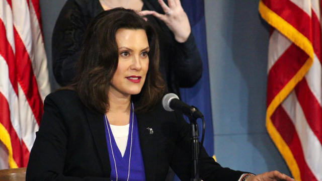 Michigan Governor Gretchen Whitmer addresses the state during a speech in Lansing, Michigan, April 17, 2020, in this photo provided by the governor's office. 