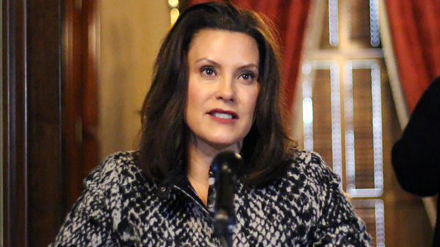 Michigan Governor Gretchen Whitmer addresses the state during a speech in Lansing, Michigan, April 13, 2020, in this image provided by the governor's office. 
