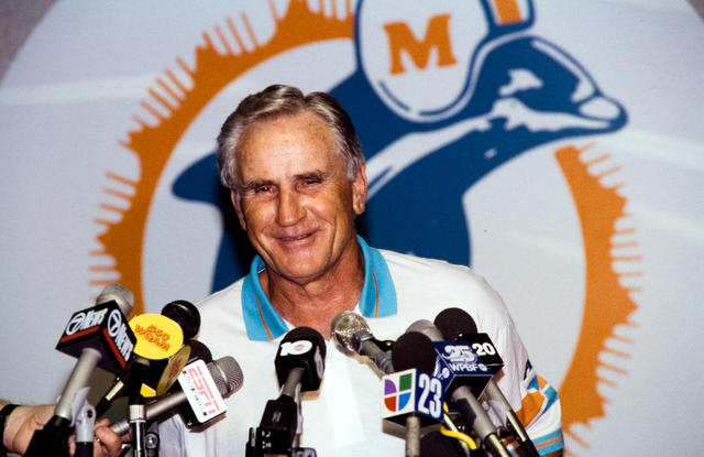 Miami Dolphins coach Don Shula is congratulated at the finish of the  perfect season on Dec. 16, 1972 against the Baltimore Colts. (Photo by  Miami Herald file photo/TNS/Sipa USA Stock Photo 