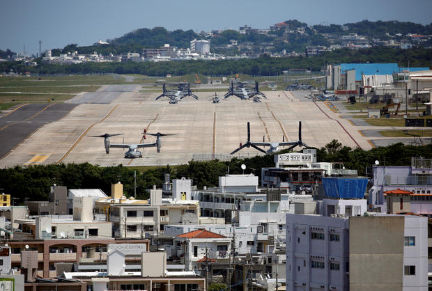 FILE PHOTO: U.S. Marine Corps MV-22 Osprey aircrafts are seen at the U.S. Marine Corps' Futenma Air Station in Ginowan on Japan's southernmost island of Okinawa 