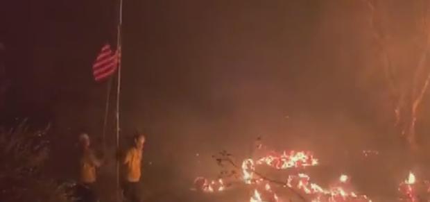 Fire Crews Battling Lake Fire Rescue American Flag from Burning Property 