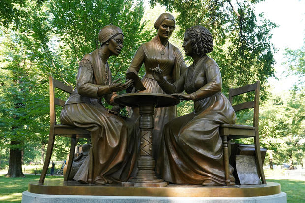 Bronze statue depicting Sojourner Truth, Elizabeth Cady Stanton and Susan B. Anthony is pictured in Manhattan's Central Park 