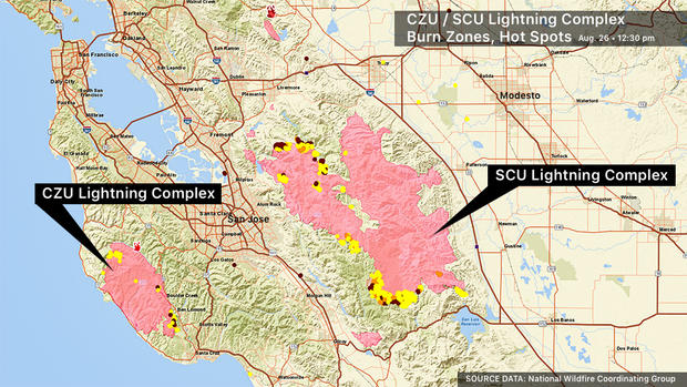 Aug. 26: CZU / SCU Lightning Complex Burn Zones Map 
