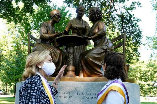 Former Secretary of State Clinton attends an unveiling of a bronze statue following the 100th anniversary of the ratification of the 19th amendment in Manhattan's Central Park 