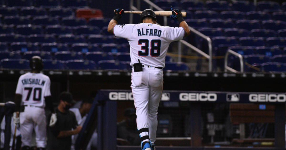 Jorge Alfaro of the Miami Marlins at bat against the Toronto Blue