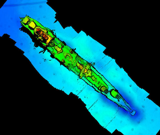A sonar scan of sunken German WWII warship cruiser "Karlsruhe" that had been observed 13 nautical miles from Kristiansand 