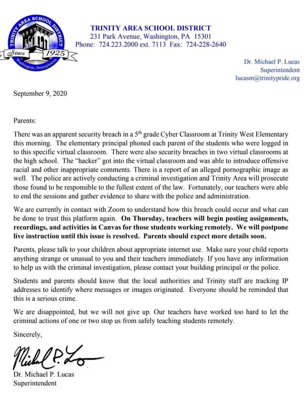 Trinity Area School District Letter 