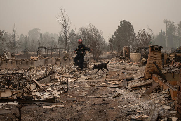 A search and rescue team looks for victims in the aftermath of the Almeda fire in Talent, Oregon 