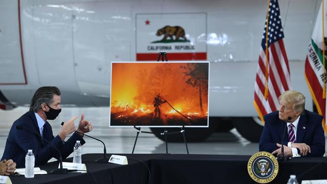 U.S. President Trump participates in a briefing on wildfires in McClellan Park in McClellan Park, California 