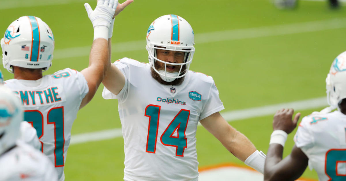 Mike Gesicki of the Miami Dolphins celebrates a catch against the News  Photo - Getty Images