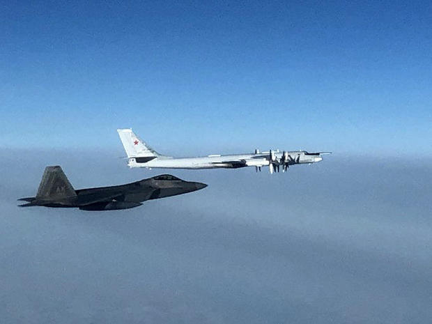 A U.S. F-22 fighter jet intercepts a Russian Tu-35 bomber in international airspace near Alaska October 19, 2020. 
