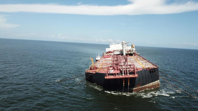 The Nabarima floating storage and offloading (FSO) facility is seen tilted in the Paria Gulf 