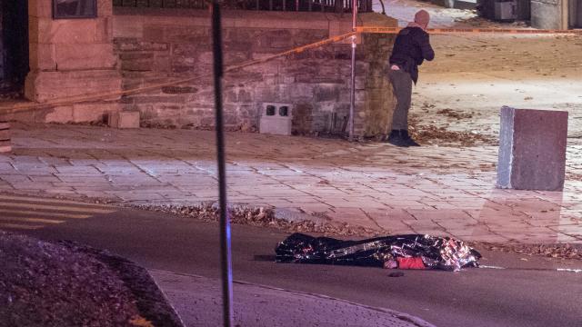 Police officers search an area where multiple people were stabbed in Quebec City 