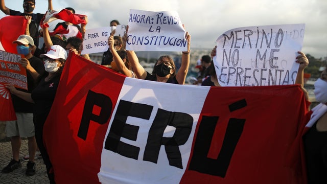 People rally after Peruvian interim President Merino resigned, in Rio de Janeiro 