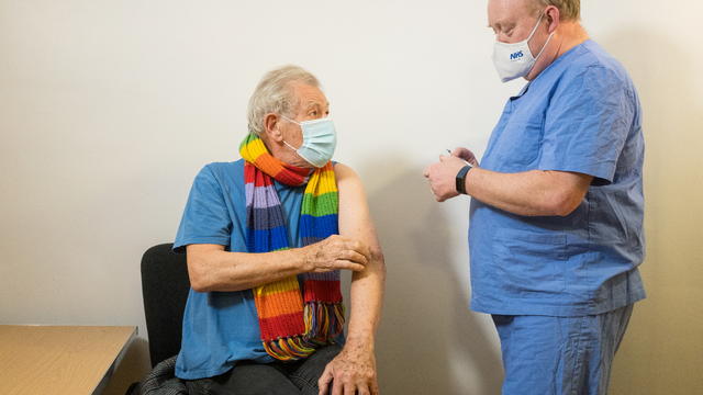 Actor Ian McKellen receives COVID-19 vaccine at Queen Mary University Hospital, in London 