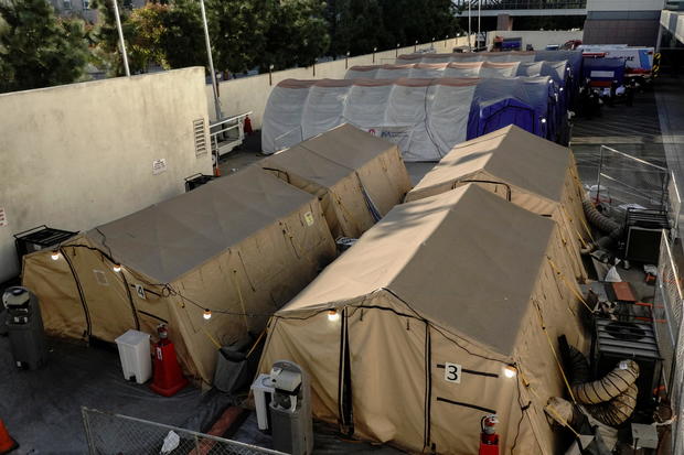 Triage tents for treating COVID-19 patients are seen outside LAC + USC Medical Center during a surge of coronavirus disease (COVId-19) cases in Los Angeles 