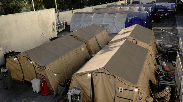 Triage tents for treating COVID-19 patients are seen outside LAC + USC Medical Center during a surge of coronavirus disease (COVId-19) cases in Los Angeles 