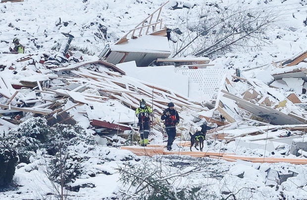 Rescue crews work in the landslide area at Ask, Gjerdrum 