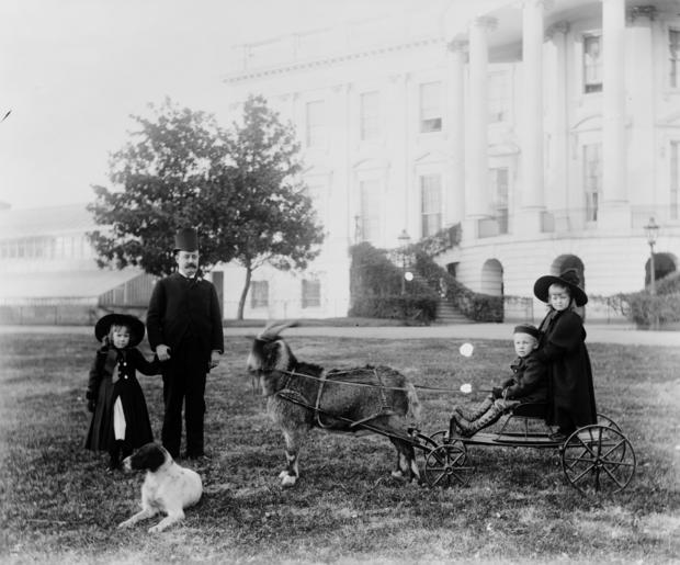 Photograph of Major Russell Harrison (1854-1936) outside the White House playing with his children. Photographed by Frances Benjamin Johnston (1864-1952). Dated 1893. 