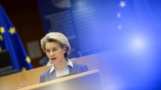 EU Commission President von der Leyen debates COVID-19 vaccination strategy in Brussels 