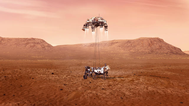Illustration of NASA's Perseverance rover landing on Mars 