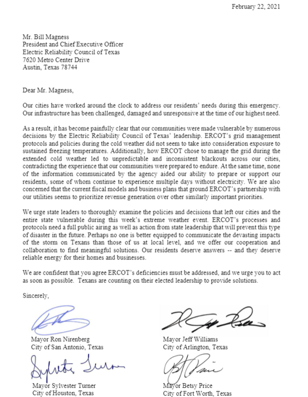 Letter from Texas mayors to ERCOT President and CEO 