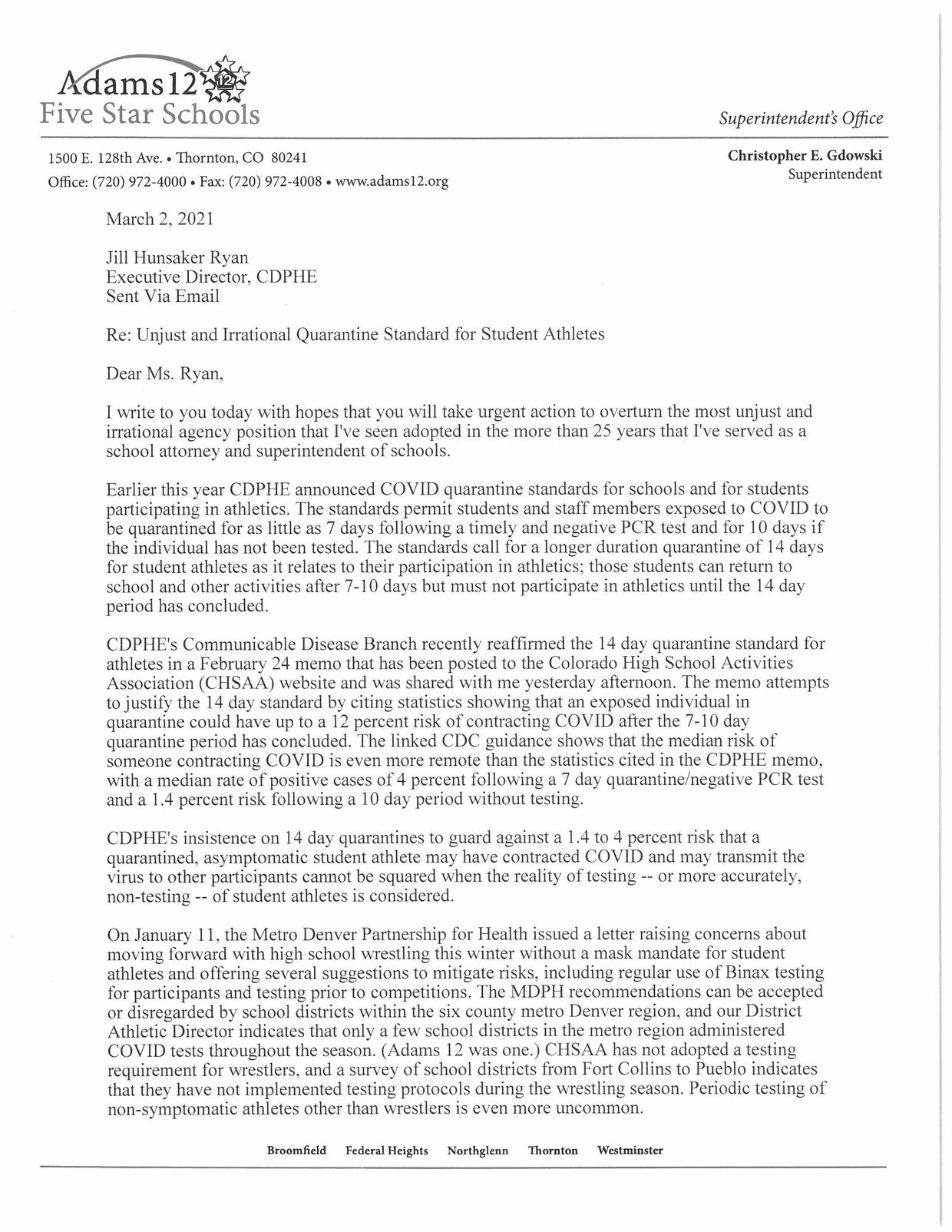 Adams 12 Five Star Schools Asks For COVID Quarantine Equity Between