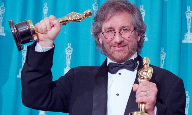 Steven Spielberg Holding Two Oscars 