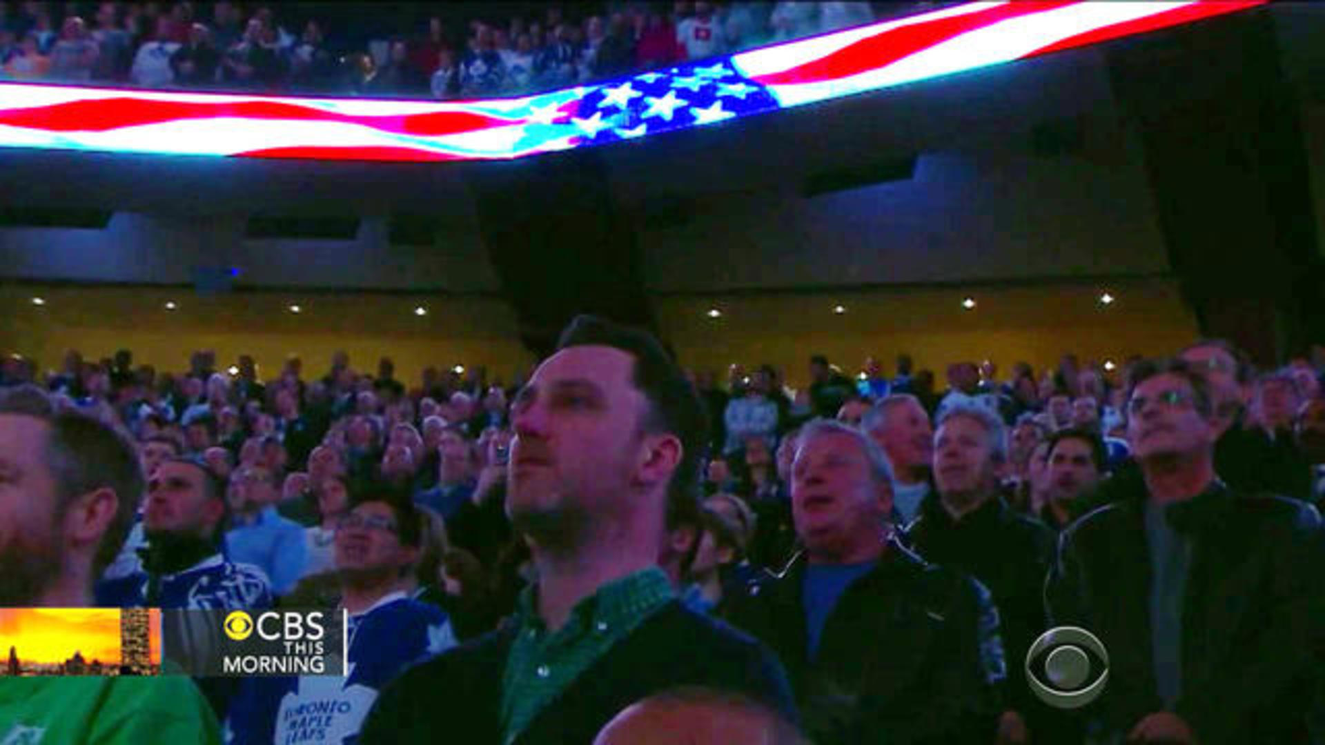 The Barenaked Ladies don Toronto Maple Leaf jerseys and sing the national  anthem on center ice before the game as the Leafs host the Ottawa Senators  on opening night of the new