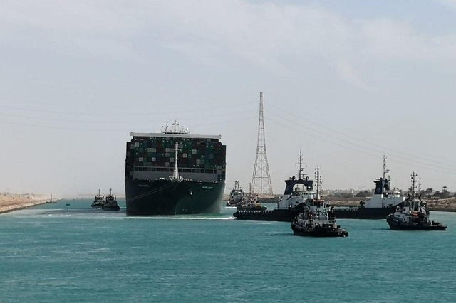 Ship Ever Given, one of the world's largest container ships, is seen after it was fully floated in Suez Canal