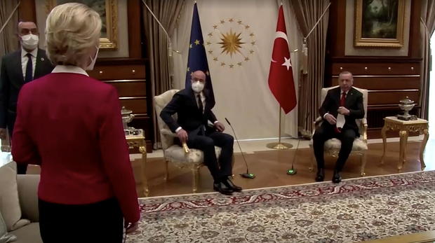 European Commission President Ursula von der Leyen stands as European Council President Michel and Turkish President Erdogan take seats in Ankara 