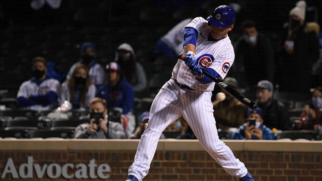 Tony Wolters of the Chicago Cubs bats against the Los Angeles